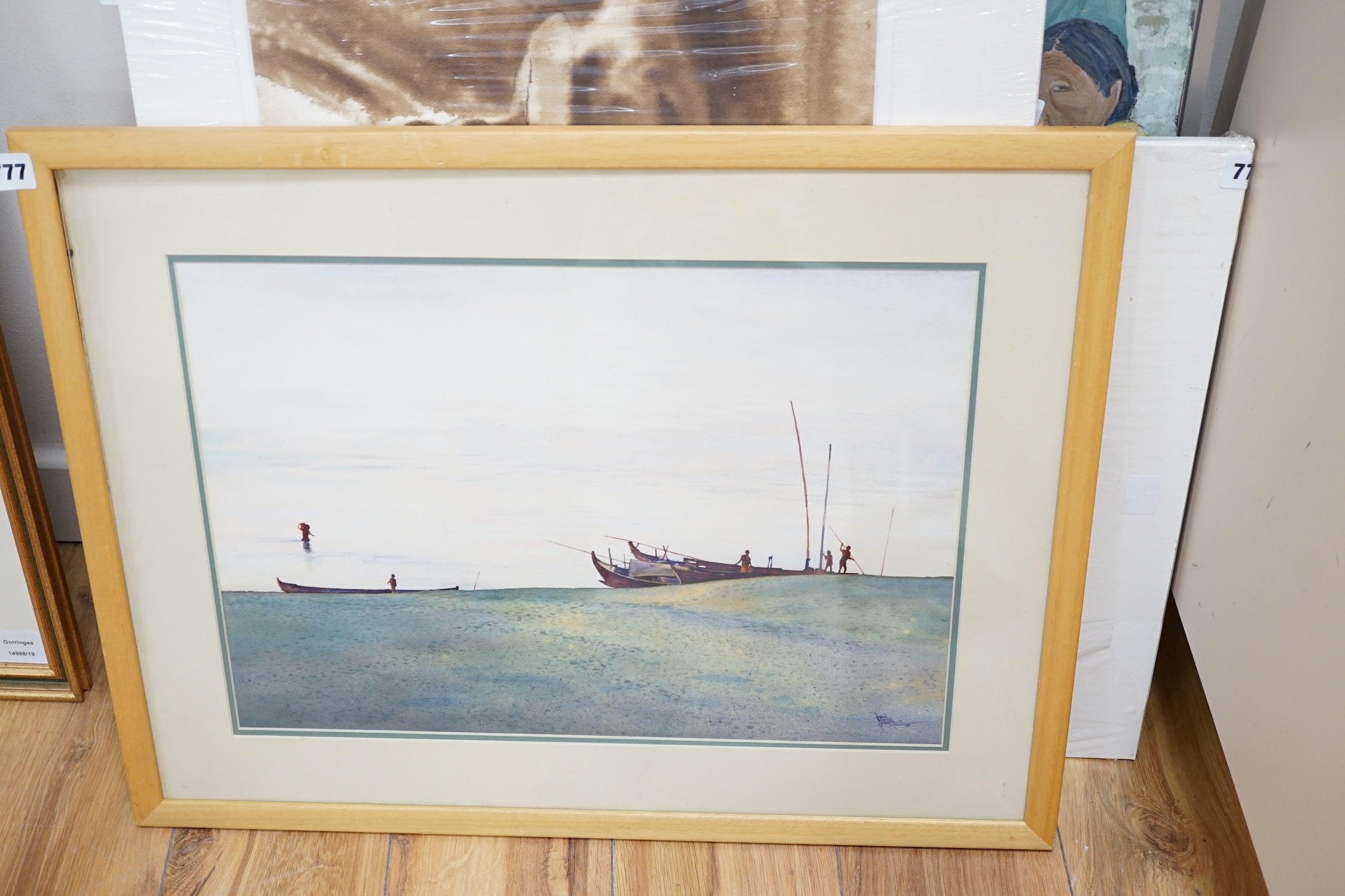 Khin Maung Myint, watercolour, Fisherman on the beach, 34 x 49cm. Condition - fair